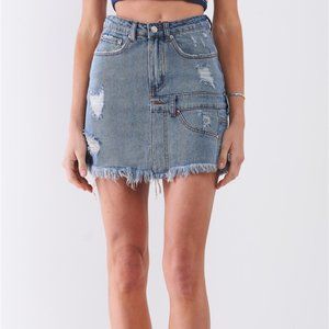 Medium Wash Denim High-Waist Distressed Skirt